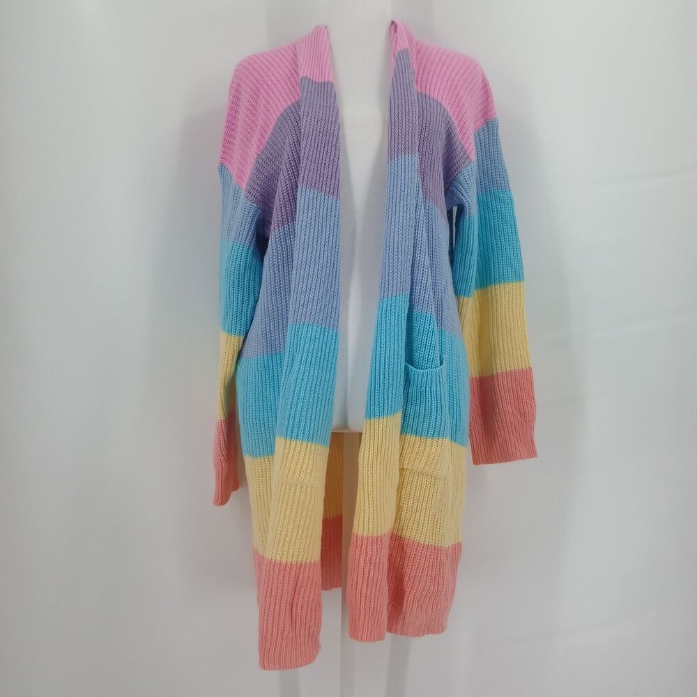 Zesica Colorful Striped Pastel Open Front Cardigan Sweater Long Sleeve Duster